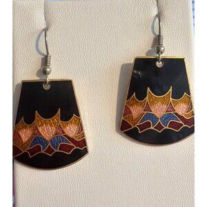 Vintage Cloisonne Dangle Earrings Geometric Gold Tone Hook 1.75" Estate 9.44g